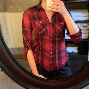 Fall red plaid top with tie rings